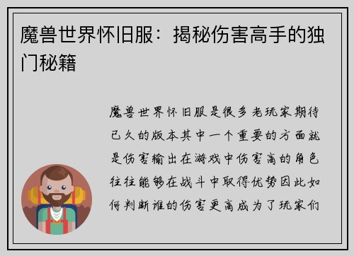 魔兽世界怀旧服：揭秘伤害高手的独门秘籍