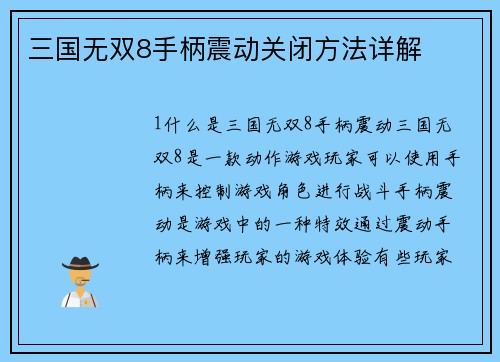 三国无双8手柄震动关闭方法详解
