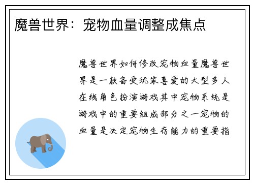 魔兽世界：宠物血量调整成焦点